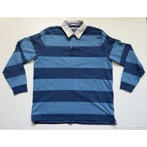 L.L.Bean Men's Large Rugby Shirt Blue Stripe Long Sleeve Fit L Reg Preppy
